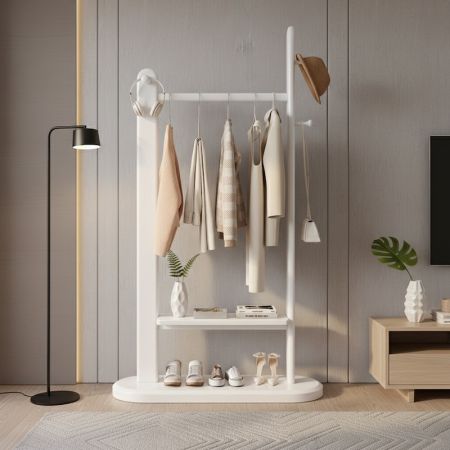 Freestanding Wooden Garment Rack with Shoe Shelf