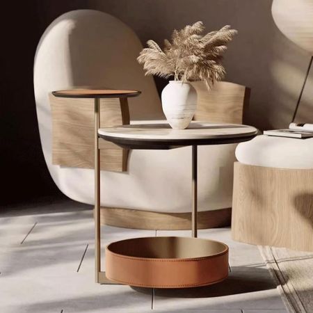 3-Tier End Round Coffee Table Side Table With Leather Storage Basket (No Wheels)
