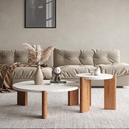 Minimalist Terrazzo Top Ash Wood Base Round Coffee Table