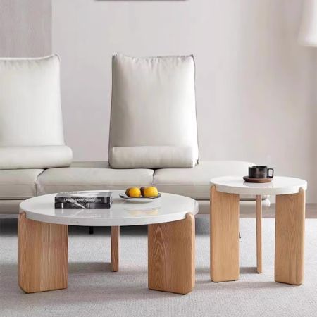 Minimalist Terrazzo Top Ash Wood Base Round Coffee Table