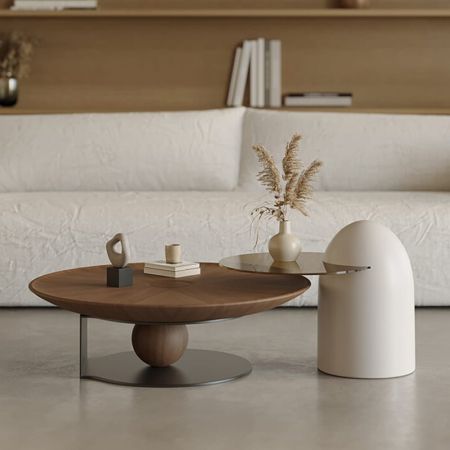 Luxury Walnut Veneer and Paint Varnished Round Coffee Table