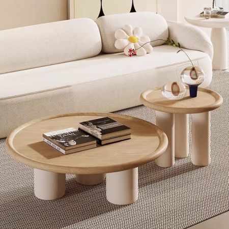 Japanese Minimalist Style Pin Wood Base Round Coffee Table