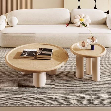 Japanese Minimalist Style Pin Wood Base Round Coffee Table