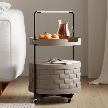 2-Tier End Waven Leather Side Table With Storage And Wheels