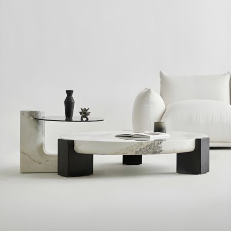 Elegant Marble Veneer Round Coffee Table with Wood Legs Base