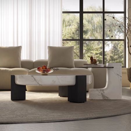 Elegant Marble Veneer Round Coffee Table with Wood Legs Base
