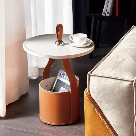 Minimalist Faux Leather Round Side Table Orange/Black/Grey