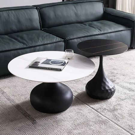 Vintage Black Metal Base Sintered Stone Top Round Coffee Table Side Table