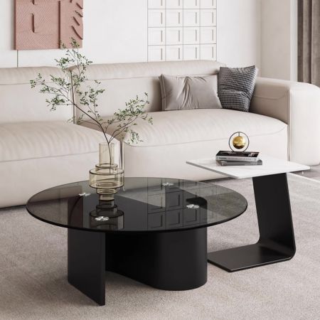Metal Wave Base Glass Top Round Coffee Table 