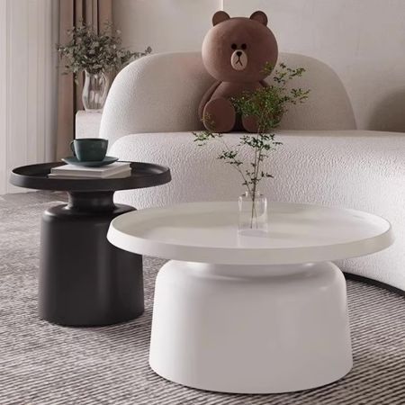 Metal Black and White Round Coffee Table Side Table Set of 2