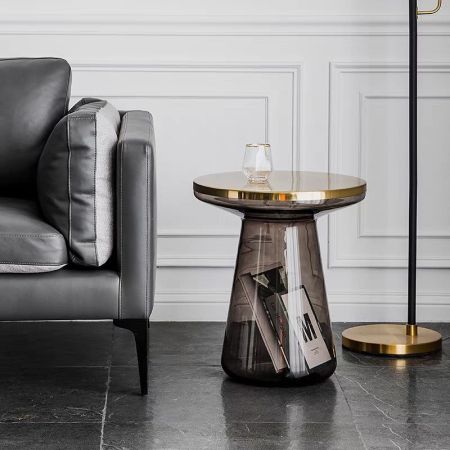 Glass and Metal Drum Style Round Coffee Table Side Table