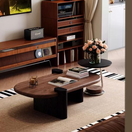 Modern Walnut & Black Wood Oval & Round Coffee Table Set of 2