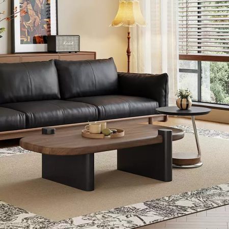 Modern Walnut & Black Wood Oval & Round Coffee Table Set of 2