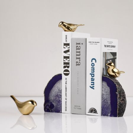 Modern Lux Bird Scuplture Décor Precious Stone With Metal Peach Handcraft Table Décor Purple