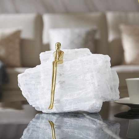 Modern Lux Metal Lonely Lady Sitting on Natural Precious Stone Handcraft Table Décor