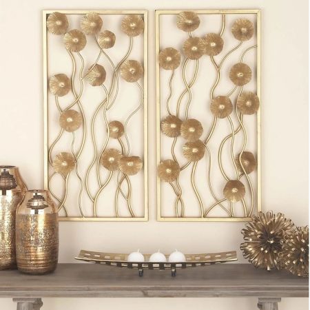 Gold Flowers Rectangle Metal Wall Décor