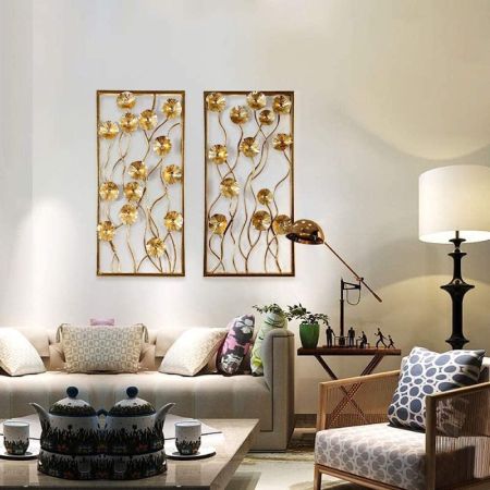 Gold Flowers Rectangle Metal Wall Décor