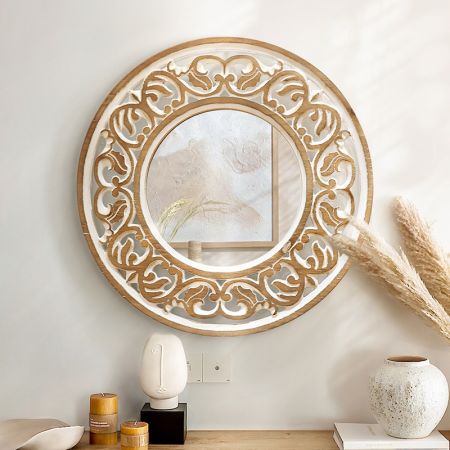 Mid Century Vintage Wooden Framed Round Mirror