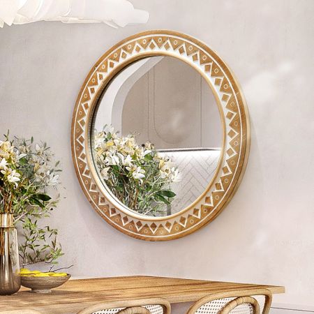 Mid Century Vintage Wooden Framed Round Mirror