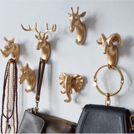 Black/Gold/White Postmodern Animal Wall Art Hooks Set of 6 