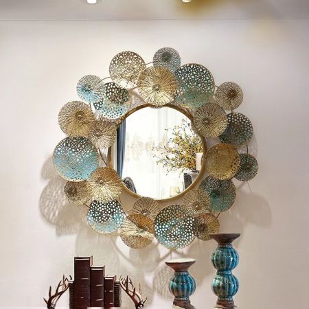 Modern Hollow-Out Flower Round Metal Wall Mirror