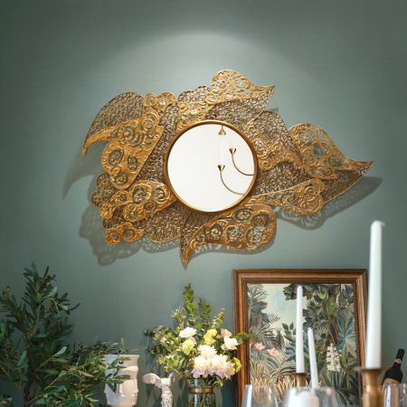 Light Gold Round Metal Wall Mirror Decorated with 3D Leaves