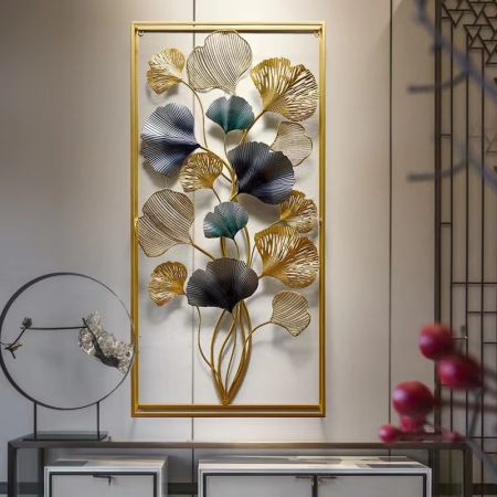 Vertical Metal Hollow-Out Gingko Leaf Wall Art in Rectangle Frame