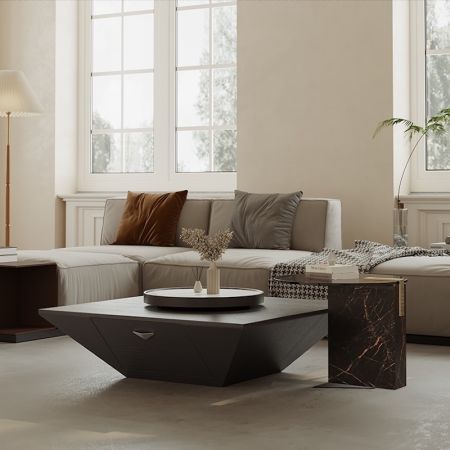 Italian Style Wood & Sintered Stone Coffee Table With Lasy Susan 