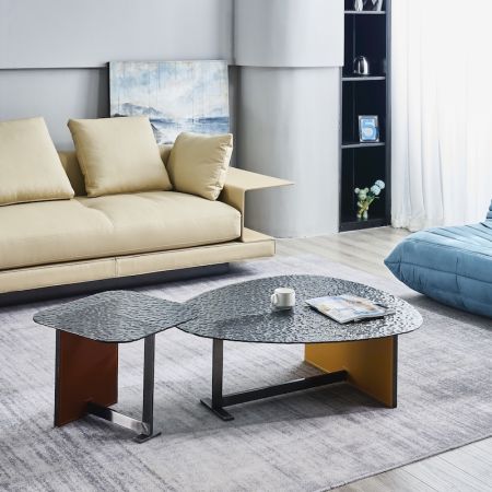 Italian Style Saddle Leather, Stainless Steel & Grey Glass Designer Coffee Table Set Of 2