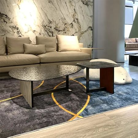 Italian Style Saddle Leather, Stainless Steel & Grey Glass Designer Coffee Table Set Of 2