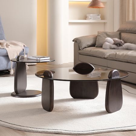 Marine & Shark Style Classic Wood & Dark Glass Designer Round Coffee Table Set Of 2