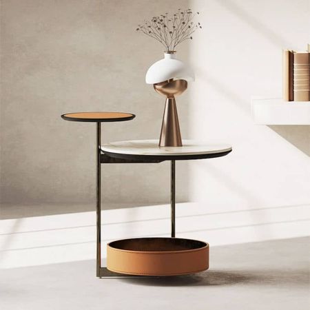 3-Tier End Round Coffee Table Side Table with Leather Storage Basket and Wheels