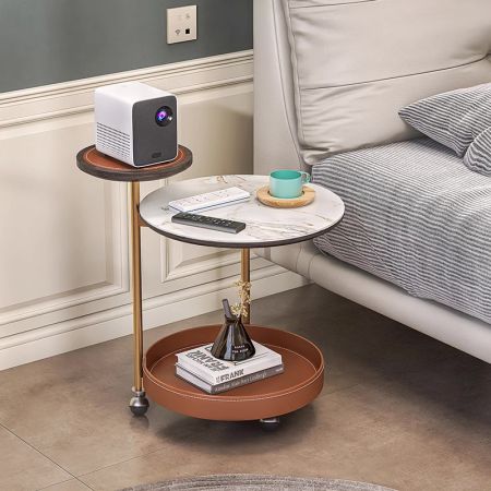 3-Tier End Round Coffee Table Side Table with Leather Storage Basket and Wheels
