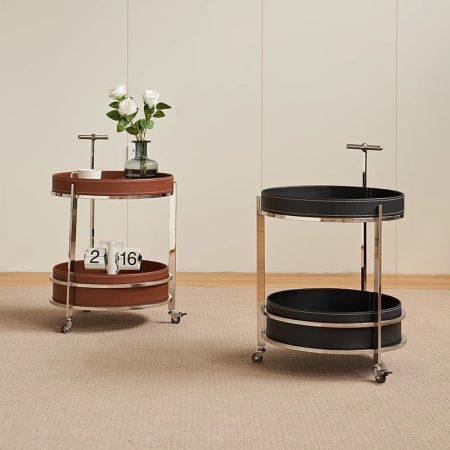 Rolling Bar Cart W Shelves Saddle Leather Side Table/Service Cart with Wheels
