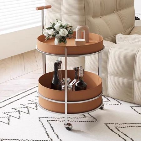 Rolling Bar Cart W Shelves Saddle Leather Side Table/Service Cart with Wheels