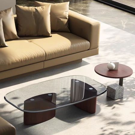 Tempered Glass Top Ash and Stone Base Coffee Table