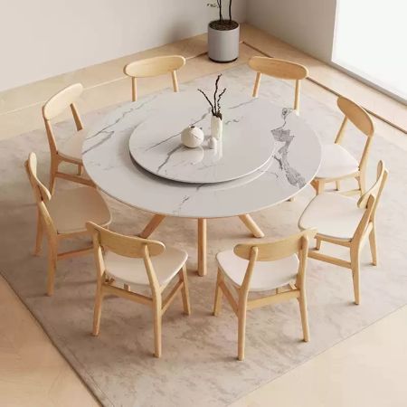 Minimalist Modern Wood Simple Circular Base Sintered Stone Top Round Dining Table with Lazy Susan More Colours and Sizes Customisable
