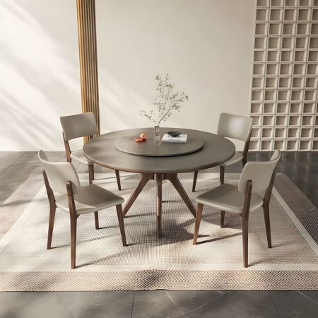 Minimalist Modern Wood Simple Circular Base Sintered Stone Top Round Dining Table with Lazy Susan More Colours and Sizes Customisable
