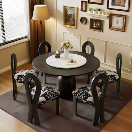 Minimalist Dun Dun Wood Base Sintered Stone Top Round Dining Table with Lazy Susan More Colours and Sizes Customisable