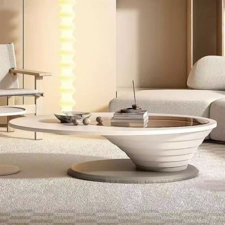 Oval Glass Modern Coffee Table with Wood Pedestal Base