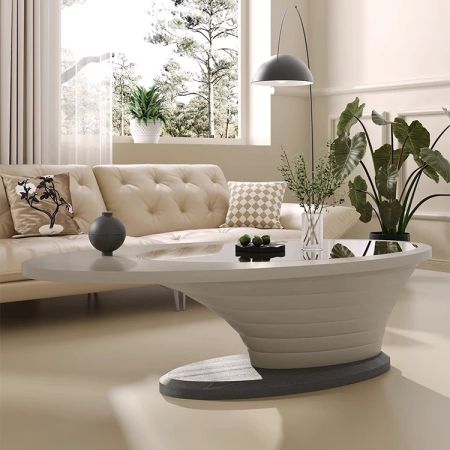 Oval Glass Modern Coffee Table with Wood Pedestal Base
