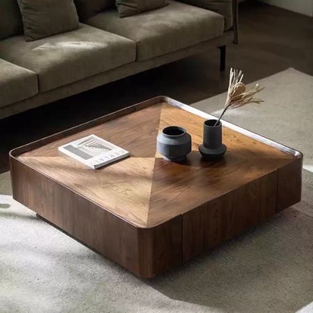 Modern Walnut Pyramid Storage Square Coffee Table with Two Drawers