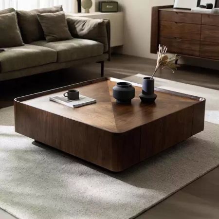 Modern Walnut Pyramid Storage Square Coffee Table with Two Drawers