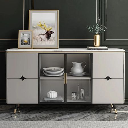 Contemporary Sintered Stone Top Glass Display Sideboard Buffet More Countertop Colours are Customisable