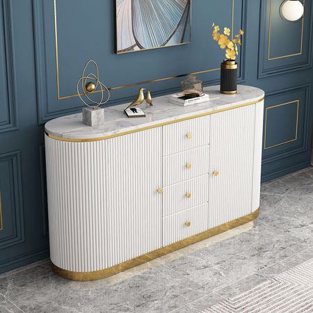 White & Gold Sintered Stone Top Sideboard Buffet with Cabinets and Drawers More Countertop Colours are Customisable
