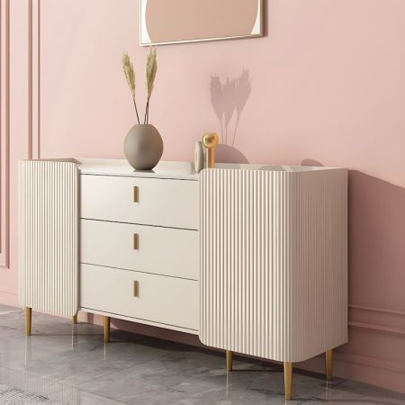 Minimalist Beige Fluted Sintered Stone Top Sideboard Buffet Server with Gold Accents More Countertop Colours are Customisable