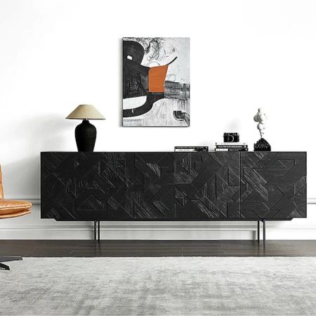 Modern Abstract Black Wood Sideboard Buffet with Textured Geometric Design