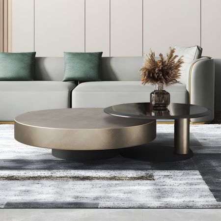 Modern Copper & Black Metal & Glass Round Coffee Table Set of 2