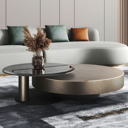 Modern Copper & Black Metal & Glass Round Coffee Table Set of 2