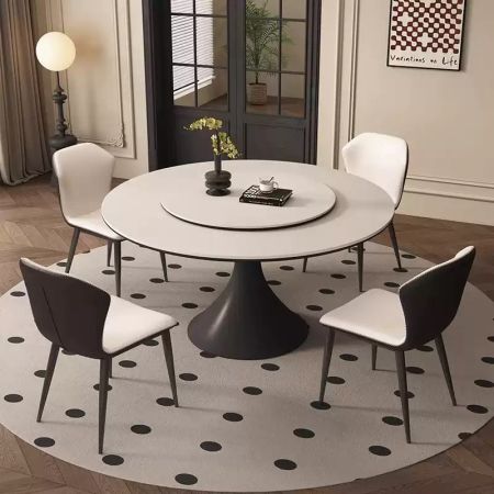 Minimalist Wood Tulip Base Sintered Stone Top Round Dining Table with Lazy Susan More Colours and Sizes Customisable